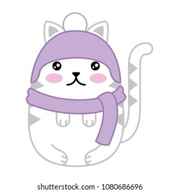 cute cat with scarf and hat kawaii character
