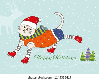 Cute cat with scarf skating on ice in the snowing winter scene