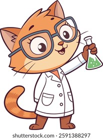 Cute Cat Scientist Cartoon Character Illustrations Isolated on a White Background