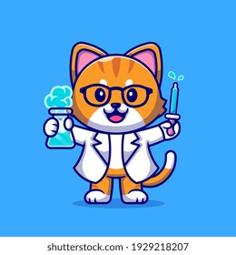 Cute Cat Scientist Cartoon Vector Icon Illustration. Animal Science Icon Concept Isolated Premium Vector. Flat Cartoon Style