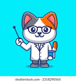 Cute Cat Scientist Doctor Cartoon Vector Icon Illustration. Animal science Icon Concept Isolated Premium Vector. Flat Cartoon Style