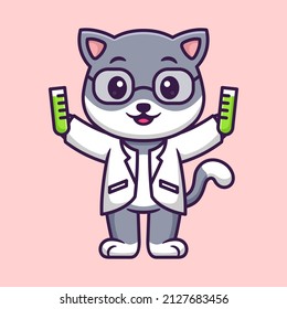 Cute Cat as a Scientist Professor in Cartoon. Premium Vector Illustration. Flat Style Concept.