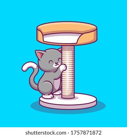 Cute Cat Scratching Wood Scratcher Cartoon Vector Icon Illustration. Animal Icon Concept Isolated Premium Vector. Flat Cartoon Style