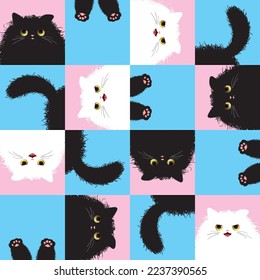 Cute cat seamless continuous pattern. Fluffy black and white cat with paws and tail on a checkerboard background. Can be used for wrapping paper, fabric, wallpaper, package design, sticker.