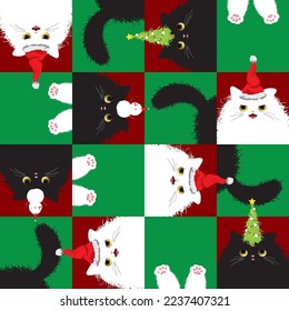 Cute cat seamless continuous pattern. Fluffy black and white cat with paws and tail on a checkerboard background. Can be used for wrapping paper, fabric, wallpaper, package design, sticker.