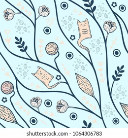 Cute cat seamless floral background with a pattern of geometric flowers. Floral background. Summer background with the plant design in the Scandinavian style. Vector.