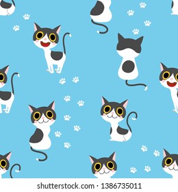 Cute cat seamless pattern. Animal cartoon character. Happy kitten background.