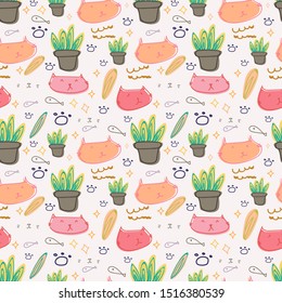 Cute cat seamless pattern background. Vector illustration.
