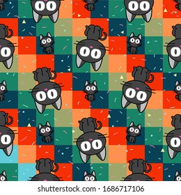 Cute cat seamless pattern background. Big eyes and crafty cats. for textile, wrapping, wallpapers, etc.