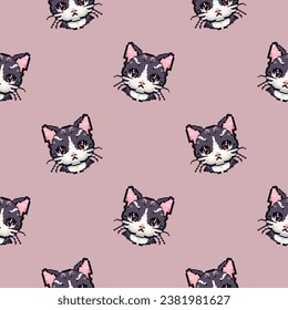 Cute cat seamless pattern background. Pixel art style. Vector illustration.
