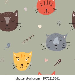 cute cat seamless pattern cartoon style. vector illustration of childish design in childish style for print, fabric, clothing, wallpaper