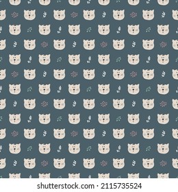 Cute Cat Seamless pattern. Cartoon Animals in forest background. Vector illustration.