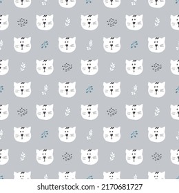 Cute Cat Seamless pattern. Cartoon Animals in forest background. Vector illustration.