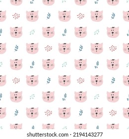 Cute Cat Seamless pattern. Cartoon Animals in forest background. Vector illustration.