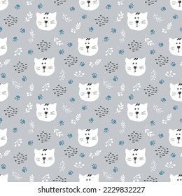 Cute Cat Seamless pattern. Cartoon Animals in forest background. Vector illustration.