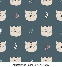 Cute Cat Seamless pattern. Cartoon Animals in forest background. Vector illustration.