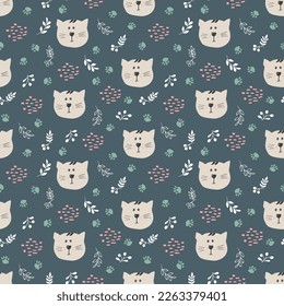 Cute Cat Seamless pattern. Cartoon Animals in forest background. Vector illustration.