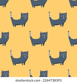 Cute cat seamless pattern. Cartoon cats background design, vector illustration