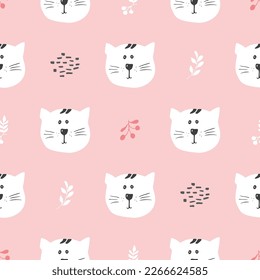Cute Cat Seamless pattern. Cartoon Animals in forest background. Vector illustration.