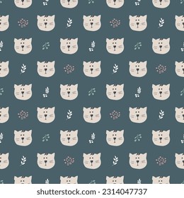 Cute Cat Seamless pattern. Cartoon Animals in forest background. Vector illustration.