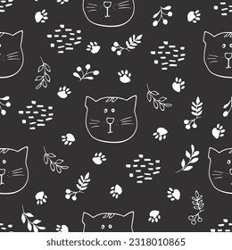 Cute Cat Seamless pattern. Cartoon Animals in forest background. Vector illustration.