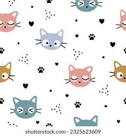 Cute cat seamless pattern. Cartoon animal background. Design for textile, fabric, wrapping, wallpaper, print. Vector illustration