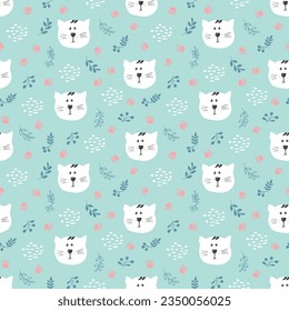 Cute Cat Seamless pattern. Cartoon Animals in forest background. Vector illustration.