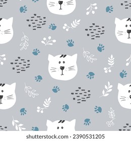 Cute Cat Seamless pattern. Cartoon Animals in forest background. Vector illustration.