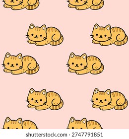 Cute Cat Seamless Pattern with Cartoon Kitty on Pastel Background