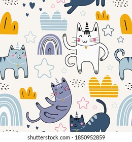 Cute cat seamless pattern with cute character. Funny animal cat with star, rainbow, clouds, love and plant. Vector image isolated on a white background. Print textile for children