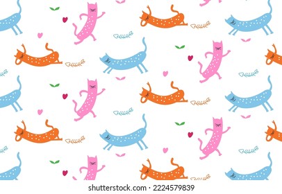 Cute cat seamless pattern in childish style. Vector Illustration. Can be used for fabric and textile, wallpapers, backgrounds, home decor, posters, cards.