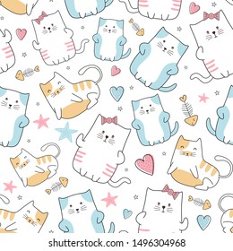 Cute cat seamless pattern with colorful nursery background for fashion textile wrapping and print. Vector illustration hand drawn funny characters. Happy kitten for children, baby, and kids apparel.