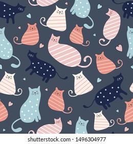 Cute cat seamless pattern with colorful nursery background for fashion textile wrapping and print. Vector illustration hand drawn scandinavian style drawing. Funny character childish for baby and kids