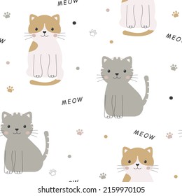 Cute cat seamless pattern. Funny baby background. Creative kids print with animals. Design for textiles, wallpaper, packaging. Cartoon kittens on a white background. Nursery childish pattern.
