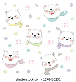 Cute Cat seamless pattern hand drawn style. Vector illustration design.