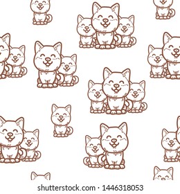 Cute cat seamless pattern hand draw mono line vintage vector
