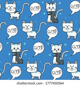 Cute cat seamless pattern, hand drawn illustrations