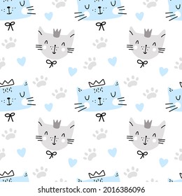 Cute cat seamless pattern with  heart, footprint isolated on white background. Vector  illustration in doodle style. Design for childish textile, fabric, wallpaper, wrapping