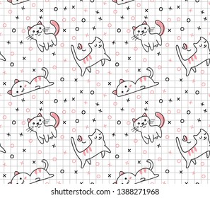 Cute cat seamless pattern in kawaii doodle style vector illustration