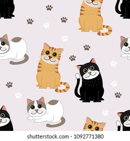 Cute cat seamless pattern. Kitten character. Animal cartoon background.