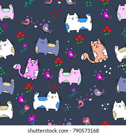 Cute Cat seamless pattern with Little Bird on colorful background Vector illustration.Doodle Cartoon style