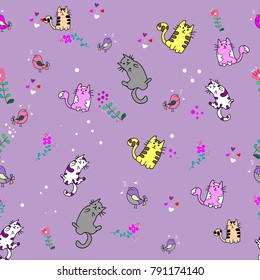 Cute Cat seamless pattern with Little Bird on colorful background Vector illustration.Doodle Cartoon style