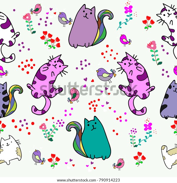 Cute Cat seamless\
pattern with Little Bird on colorful background Vector\
illustration.Doodle Cartoon\
style