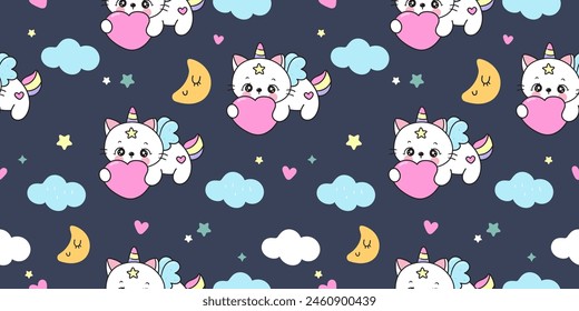 Cute cat seamless pattern lover holding heart for sweet dream fairy tale on sky. Series: Kawaii animals funny kitten playing isolated on white background (Character cartoon). Nursery wall.