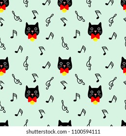 Cute cat seamless pattern with musical note background.