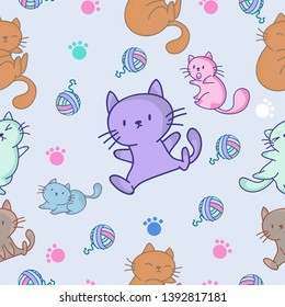 Cute Cat seamless pattern on colorful background.confetti and other elements.cute cartoon style.for paint,fabric clothes,poster,greeting card, party,banner other users.vector illustration