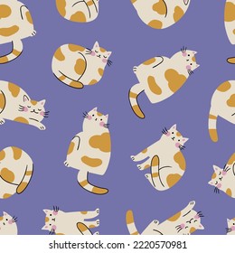 Cute cat seamless pattern on violet background. Repeat domestic animal textile design. Cat seamless print in hand-drawn style.