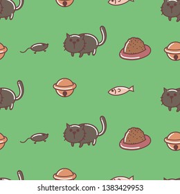 cute cat seamless pattern, playing, mouse, rat, cartoon