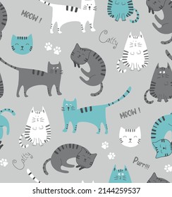 Cute cat seamless pattern. Cat pattern with text in grey  background. Modern style allover print for clothes.