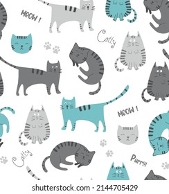 Cute cat seamless pattern. Cat pattern with text in white background. Modern style allover print for clothes.